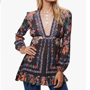 Free People Womens Violet Hill Printed Tunic Plunging Neckline top 6 M